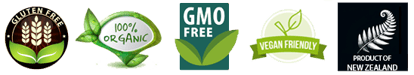 Gluten free, 100 percent organic, GMO free, vegan, product of New Zealand