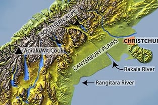 Map showing the Canterbury Plains and Southern Alps