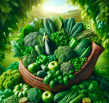 a basket of green vegetables and fruits on a table